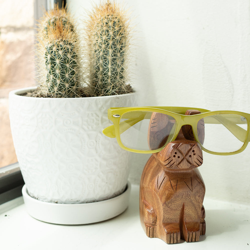 Dog Eyeglass Holder Stand - Hand Carved Wood