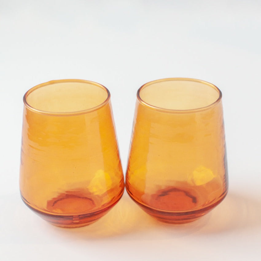 Handblown Hammered Glass Water Tumbler, Amber - Set of 4