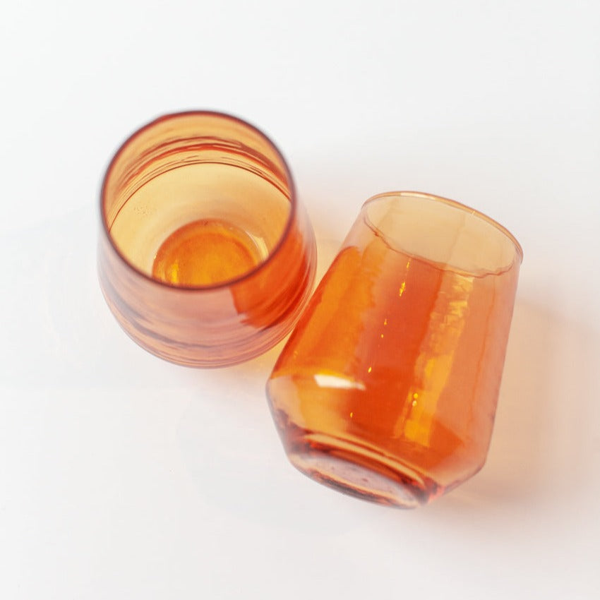 Handblown Hammered Glass Water Tumbler, Amber - Set of 4