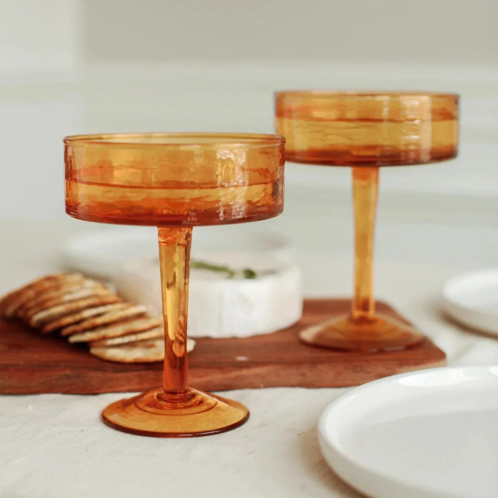 Handblown Hammered Coupe Cocktail Glasses in Amber - Set of 4