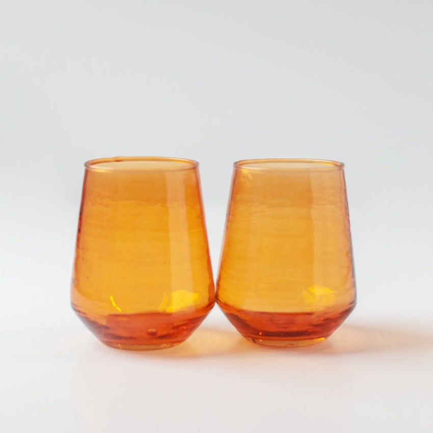 Handblown Hammered Glass Water Tumbler, Amber - Set of 4