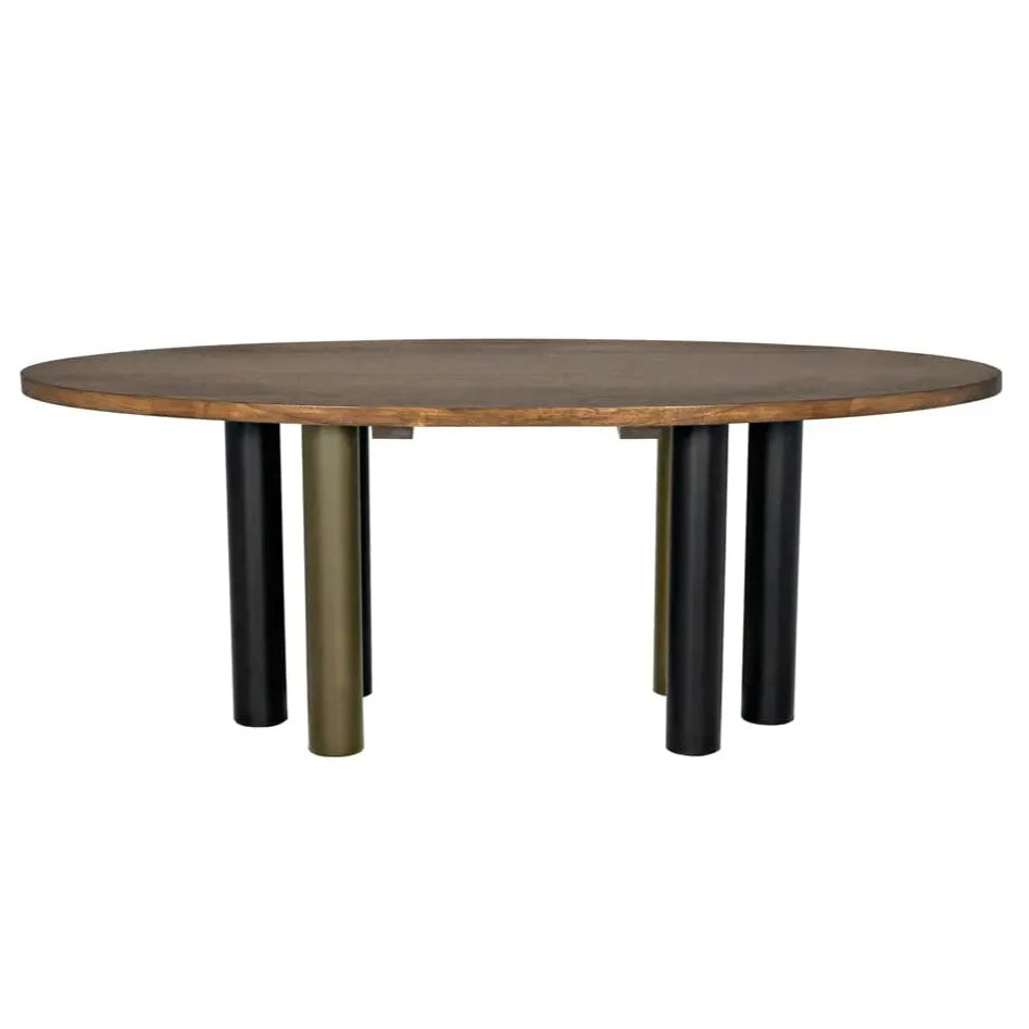 Journal Oval Dining Table, Dark Walnut with Black & Aged Brass Iron Base