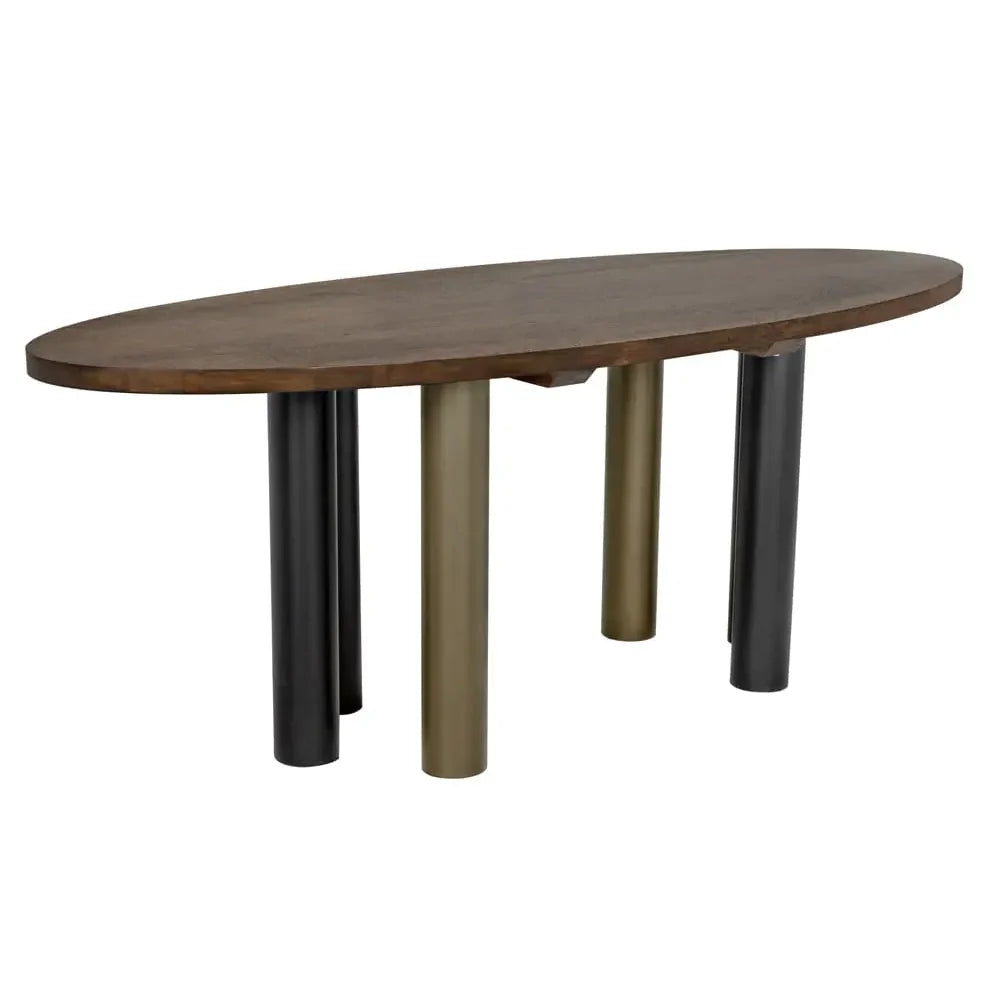 Journal Oval Dining Table, Dark Walnut with Black & Aged Brass Iron Base