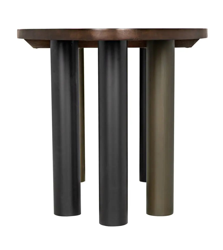 Journal Oval Dining Table, Dark Walnut with Black & Aged Brass Iron Base