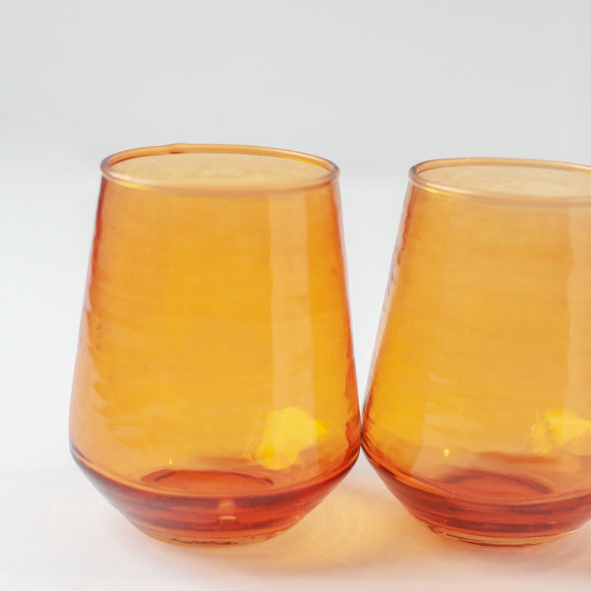 Handblown Hammered Glass Water Tumbler, Amber - Set of 4