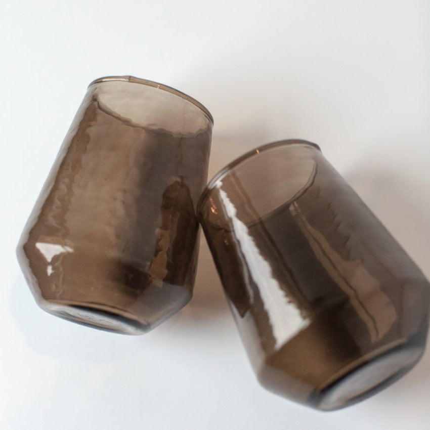 Handblown Hammered Glass Water Tumbler, Smoke - Set of 4
