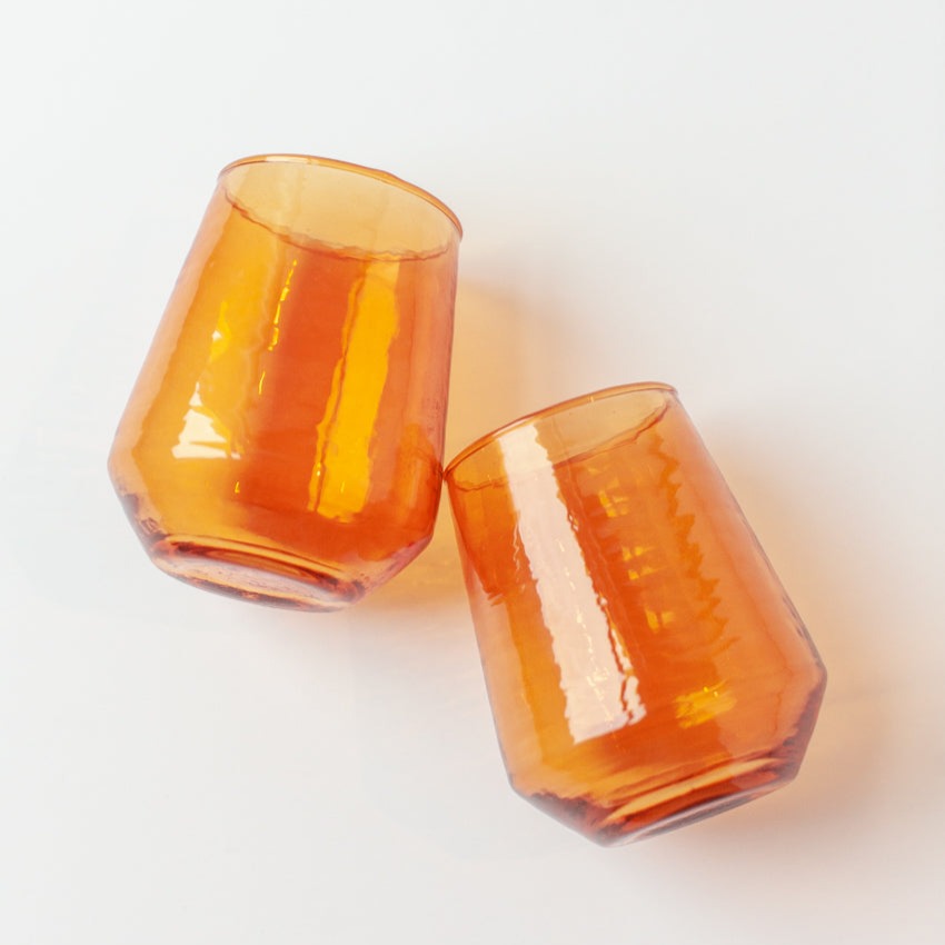 Handblown Hammered Glass Water Tumbler, Amber - Set of 4